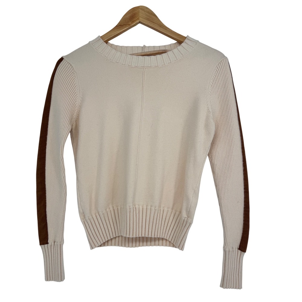 Evereve Harlow Sweater Women M Cream Suede Stripe Ribbed Knit Quiet Luxury Chic